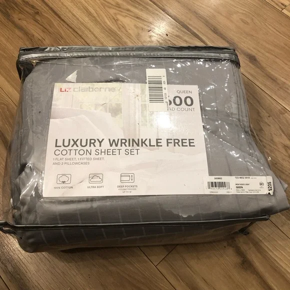 Liz Claiborne 600TC Cotton Wrinkle Free Sheet Set-Gray-Queen size